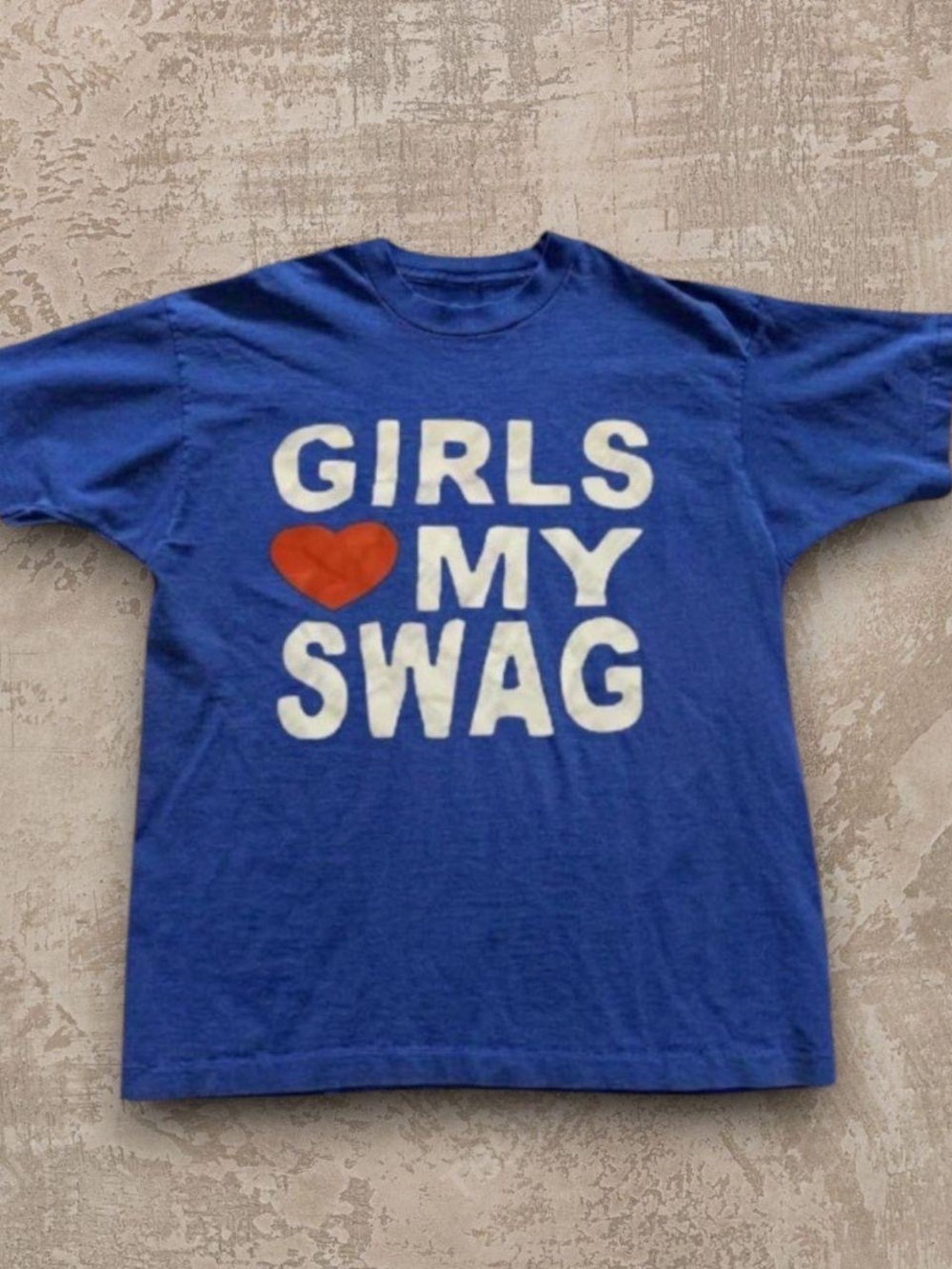 Gildan Blue Tee with White Text and Red Heart Graphic